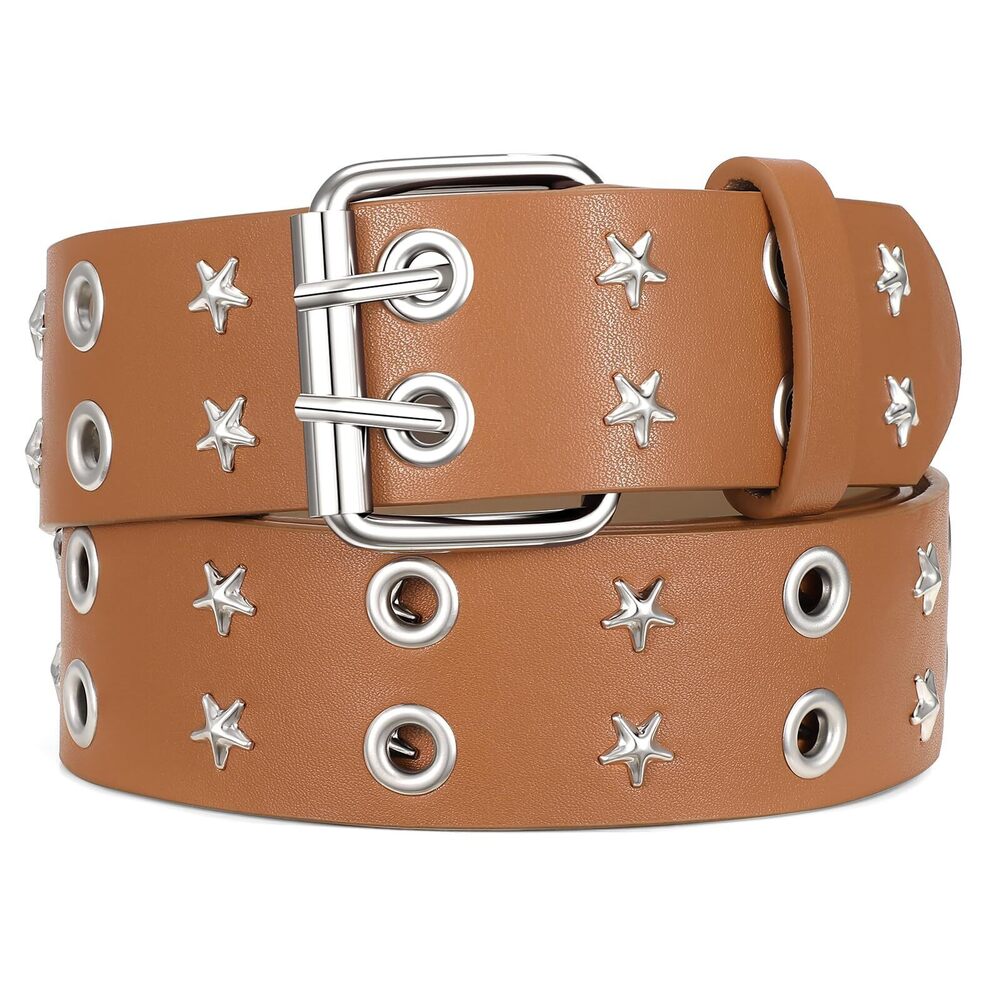 5885 Women Double Grommet Studded Belts, Brown Leather Belt For Men